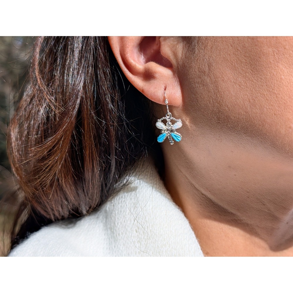 Handcrafted Zuni White Opal & Turquoise Inlay Dangle Earrings NA Jewelry **